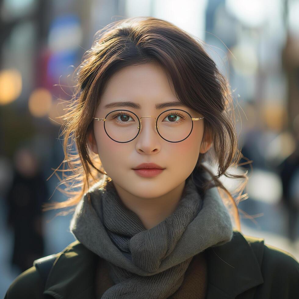 AI generated portrait of young beautiful Japanese woman in glasses on busy city street Stock Free