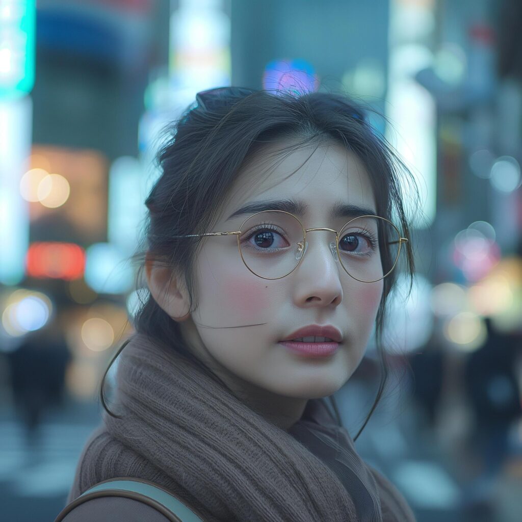 portrait of young beautiful Japanese woman in glasses on busy city street Free Photo