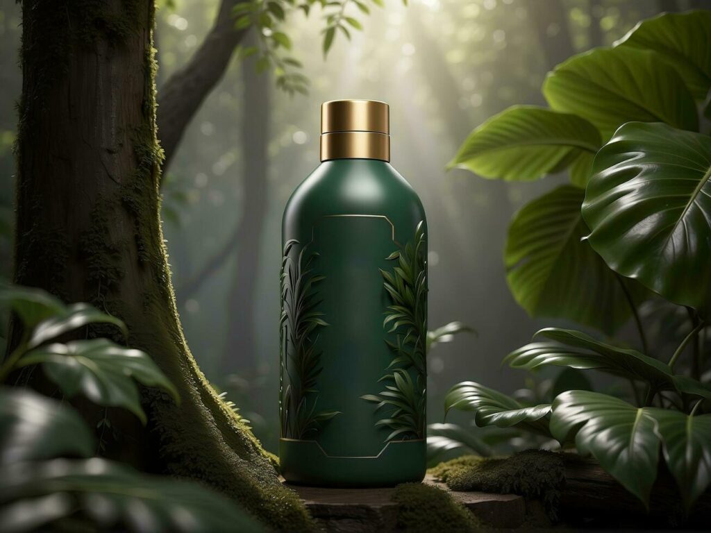 AI generated product mock up bottle in a jungle background Stock Free