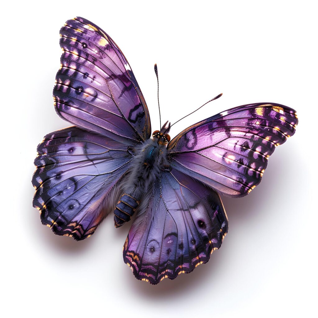 Purple butterfly isolated on white background with shadow. Purple hairstreak butterfly. Purple butterfly top view flat lay Free Photo