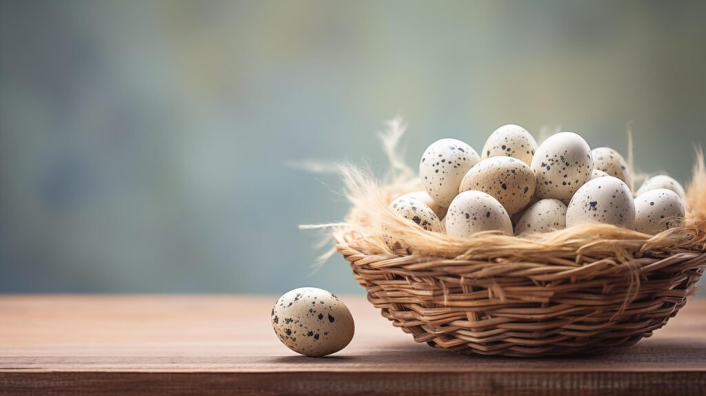 Quail eggs in a basket, Easter background copy space. Free Photo