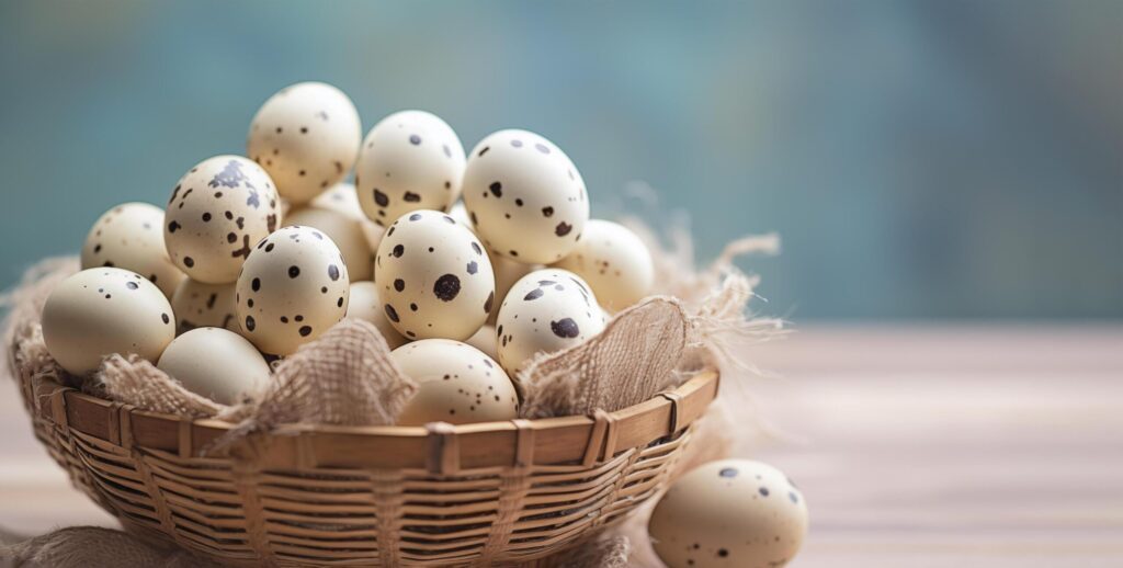 Quail eggs in a basket, Easter background, copy space. Free Photo