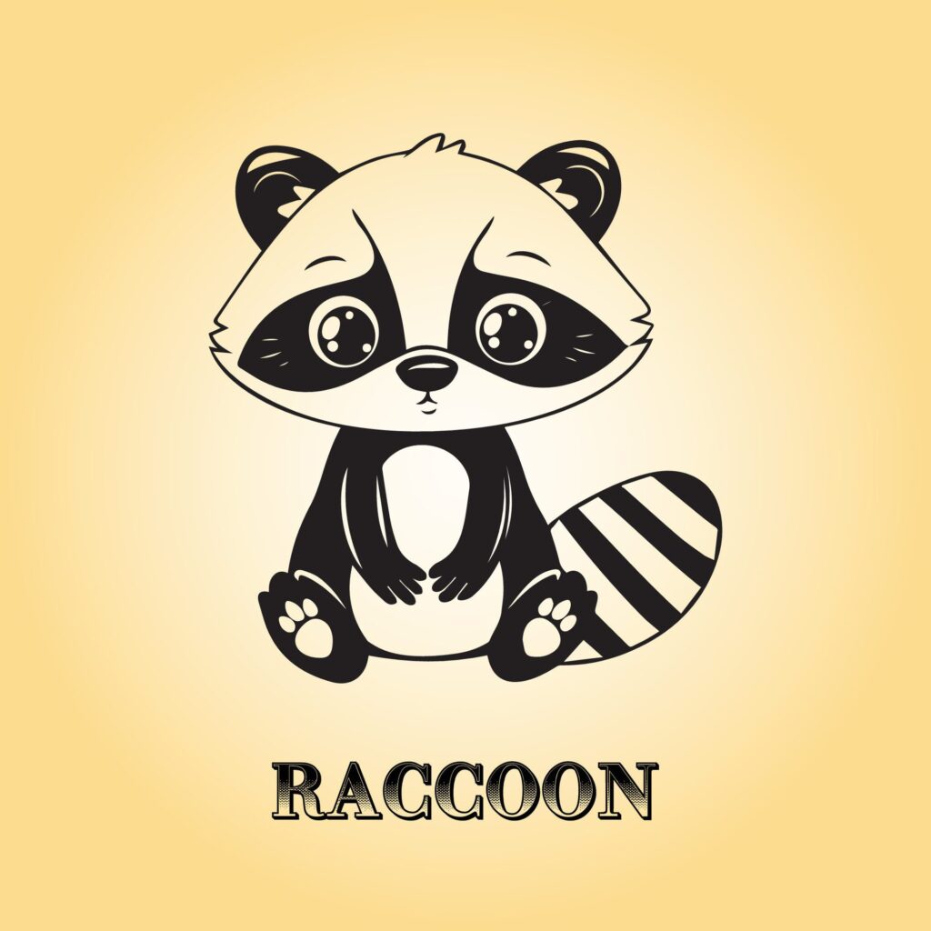 Raccoon Cartoon is a sitting vector illustration in black and white Free Vector