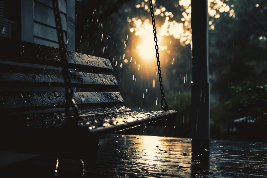 Rain drops on a wooden swing in the rain. Free Photo