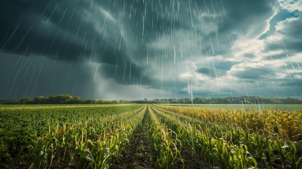 Rain over corn field. Dramatic sky over corn field. Rainy weather. Free Photo