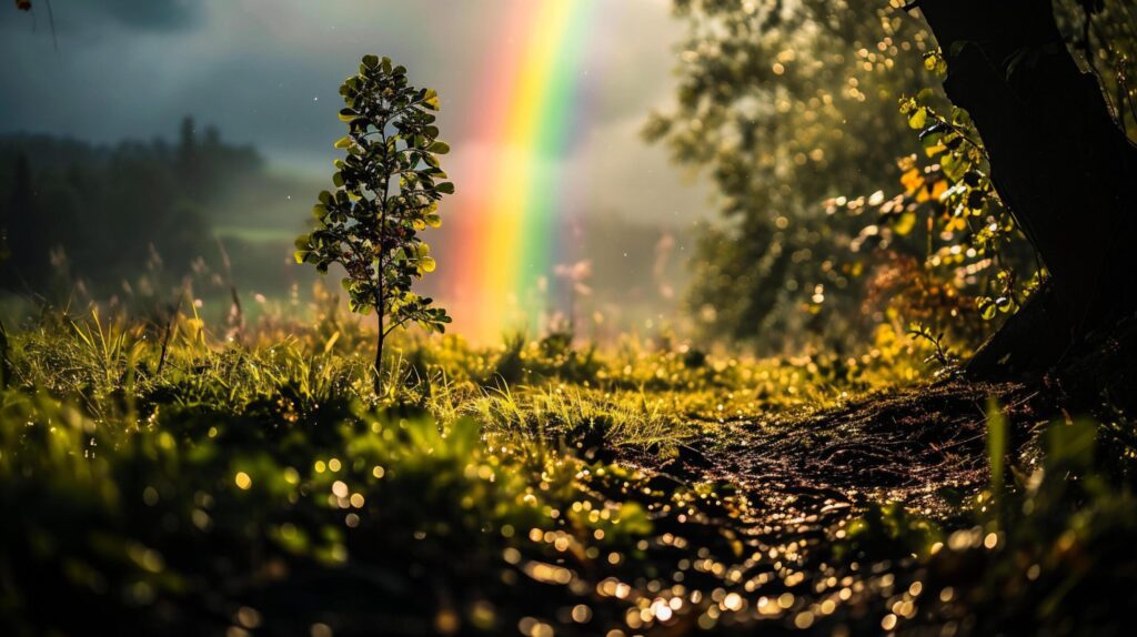 Rainbow over a tree in a meadow with raindrops. Free Photo