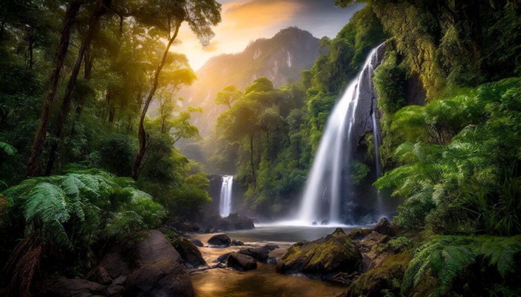 Rainforest with waterfalls and lush green foliage Free Photo