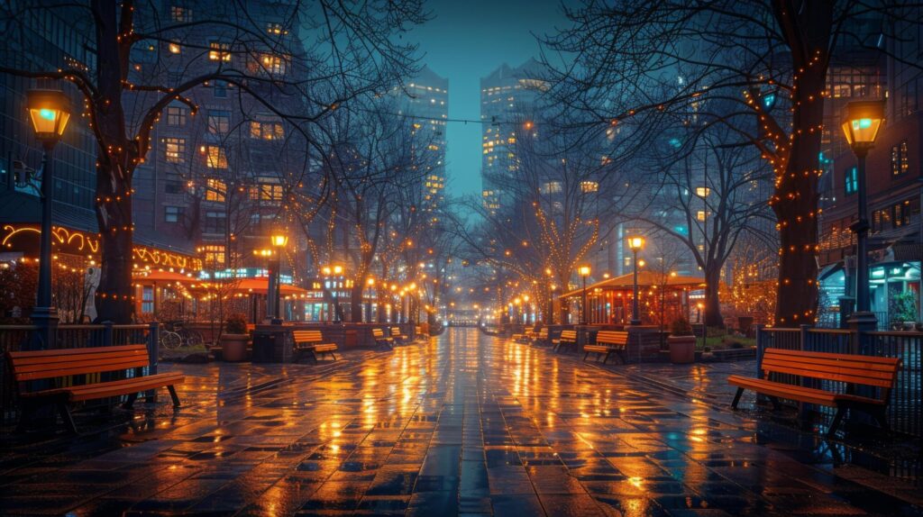 Rainy Night in City With Lights and Benches Free Photo