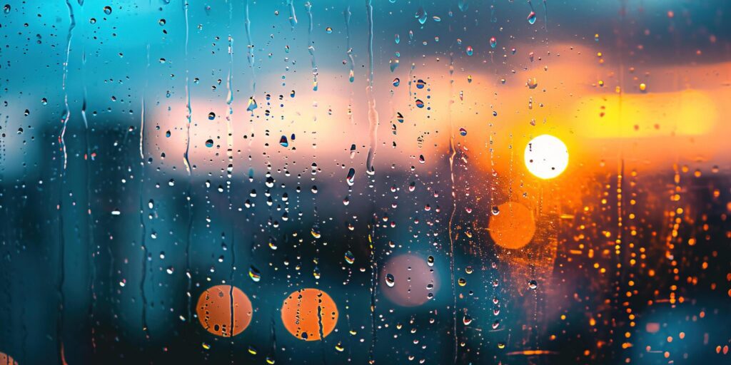 Rainy window with blurry city lights in the background at sunset. Bokeh out of focus blur, cold weather, melancholic mood, golden hour sunrays, longing concept backdrop Free Photo