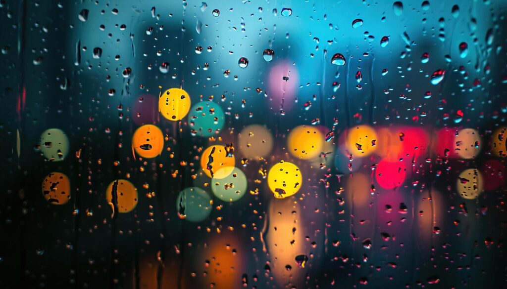 AI generated Rainy window with blurry city lights in the background. Bokeh out of focus blur, gloomy weather, melancholic mood, sadness, longing, depression concept backdrop Stock Free