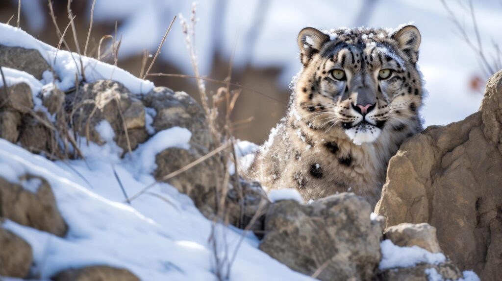 Rare snow leopard camouflaged in rocky terrain Free Photo