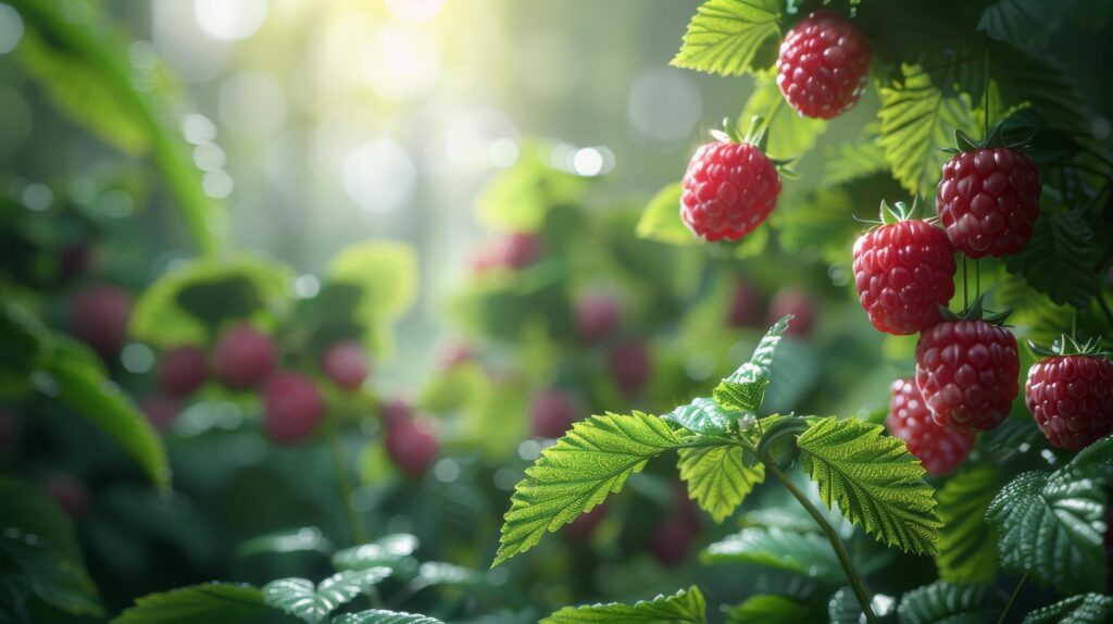 Raspberries Growing on Bush in Forest Free Photo