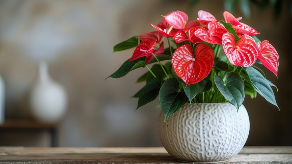 Red anthurium plant in a white pot Free Photo