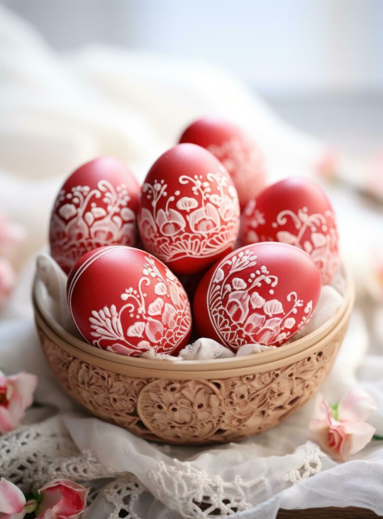 red dyed easter eggs in basket with greenery, Free Photo