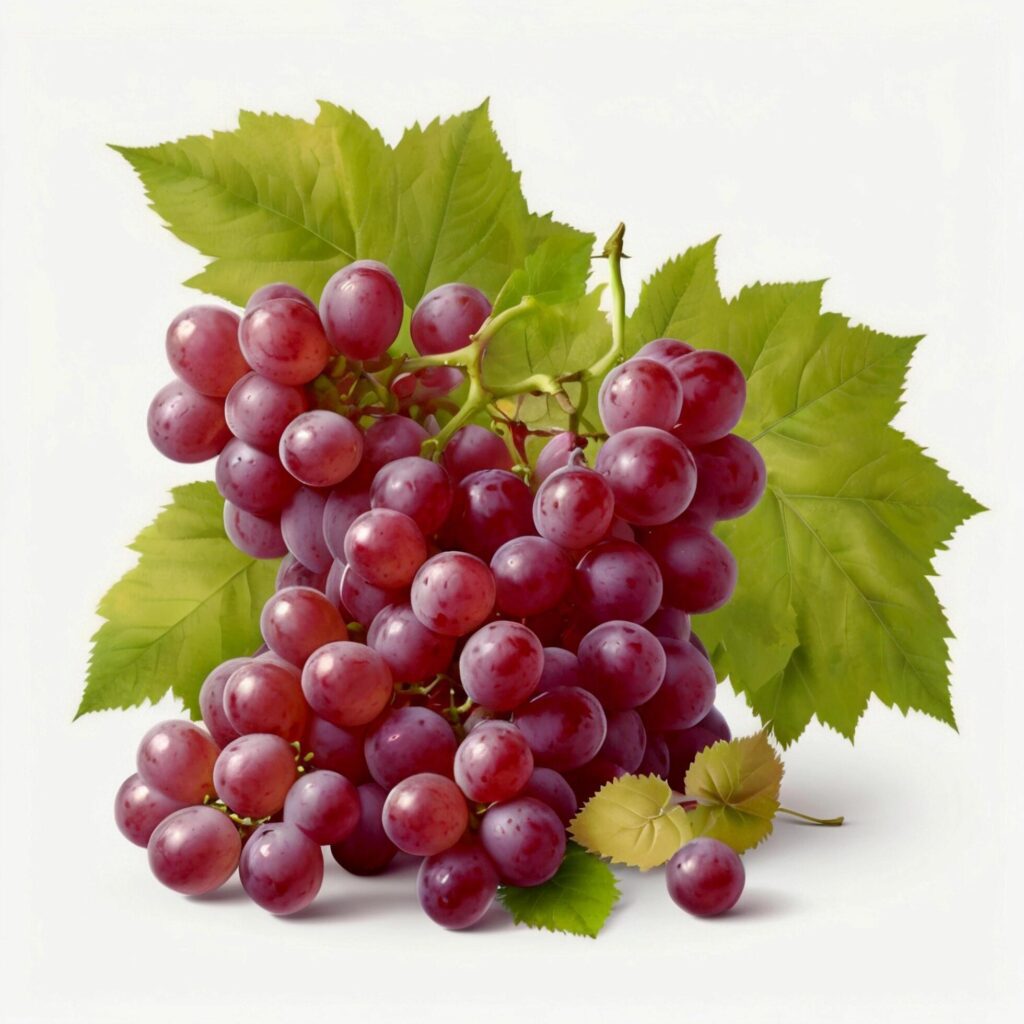 Red grapes with leaf. Red Realistic Red grapes. Grapes fruit photography. Grapes photo white background. Free Photo