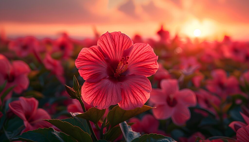 Red hibiscus flower field blooming during the sunset. Red hibiscus closeup. Red flower under the sun Free Photo