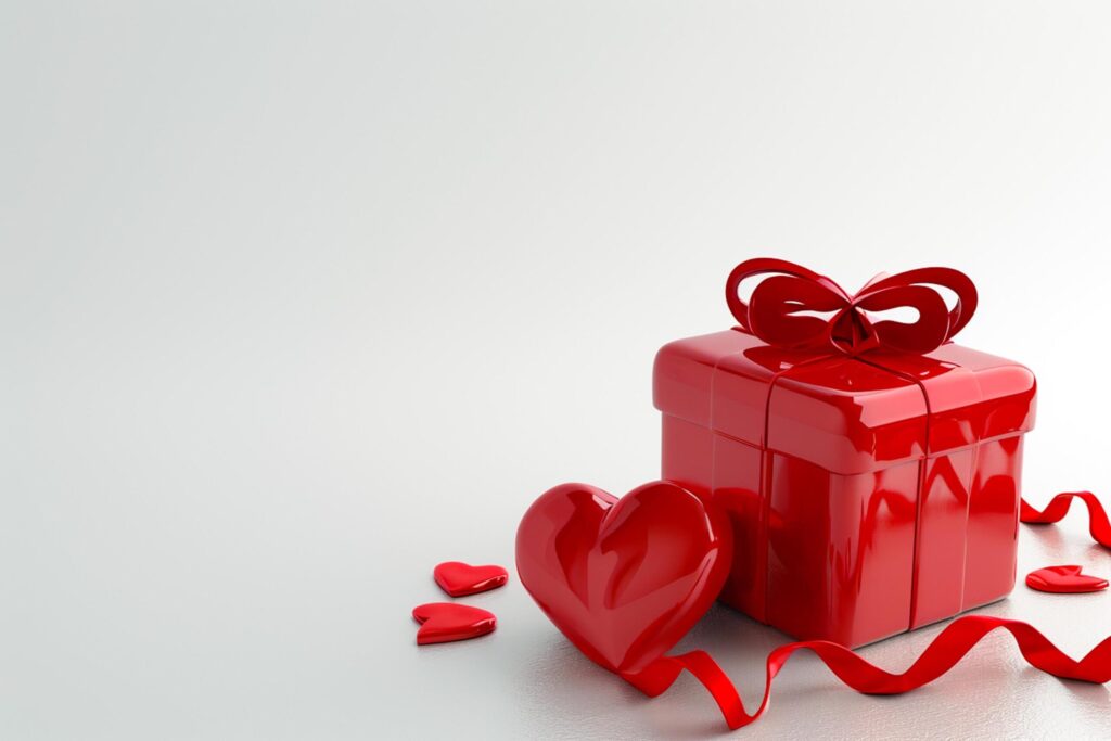 Red Ribbon Romance 3D Heart Gift Box, Empty Space, Top View, Elegance, Ai generated Free Photo