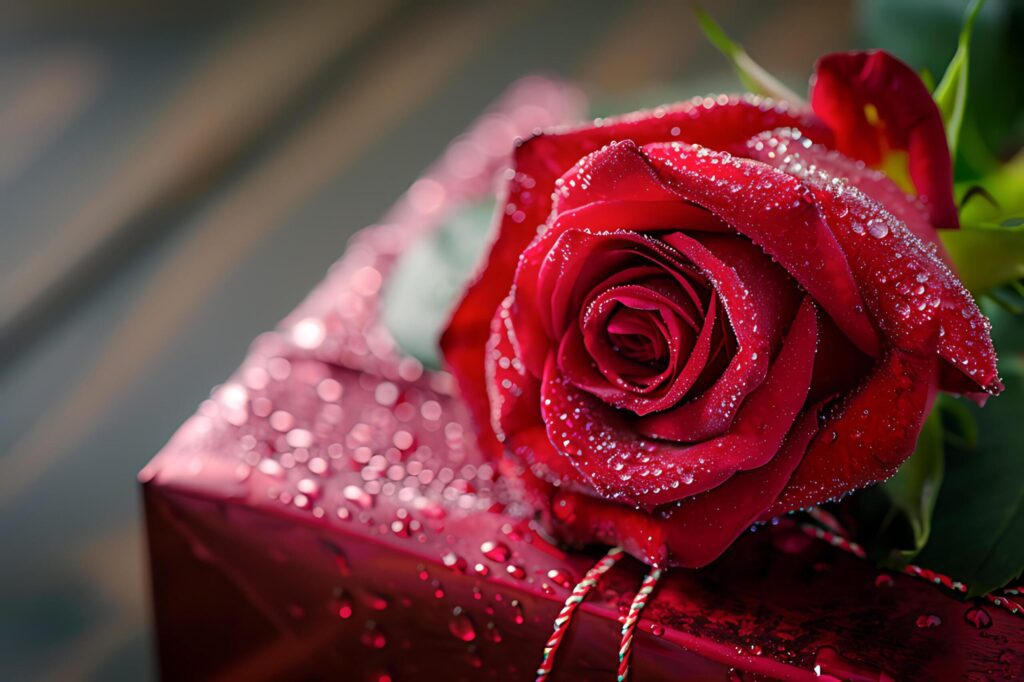 Red roses and dew drops on gift boxes for couples sparkle on Valentine’s Day Free Photo