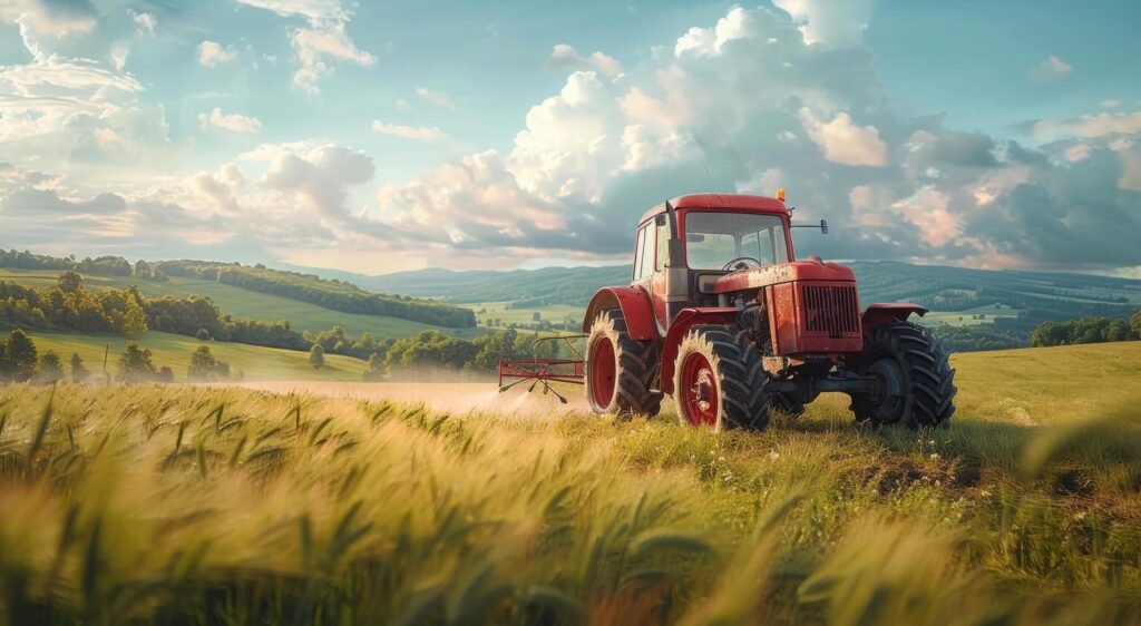 Red Tractor Driving Through Wheat Field Free Photo