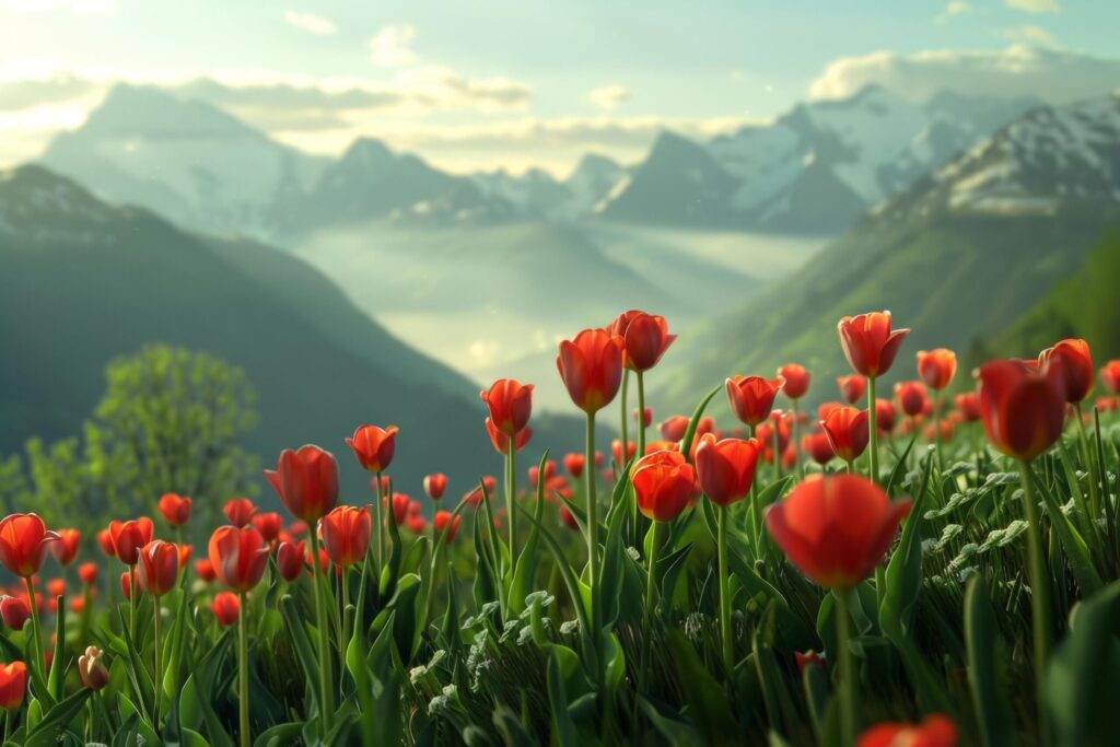 Red Tulips in Alpine Meadow at Sunrise Free Photo