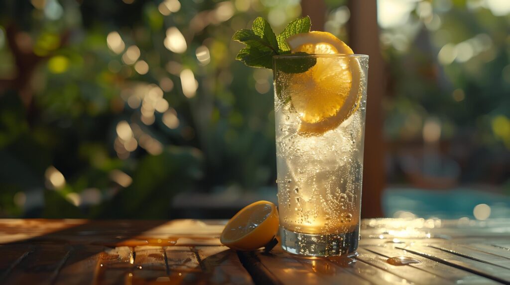 Refreshing Iced Lemonade Macro Lens Captures Condensation and Lemon Slice in Dreamy Atmosphere Free Photo