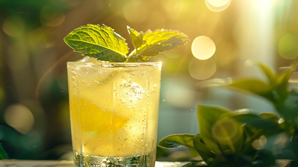 Refreshing Lemonade with Ice and Mint Captured in Crisp 50mm CloseUp Shot Free Photo