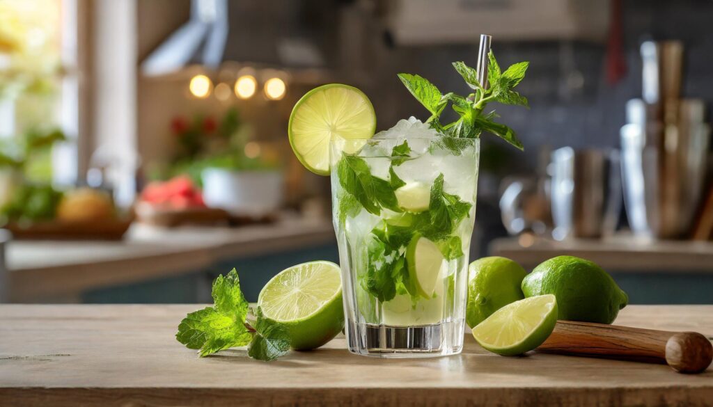 Refreshing Mojito in the kitchen table with lime Free Photo