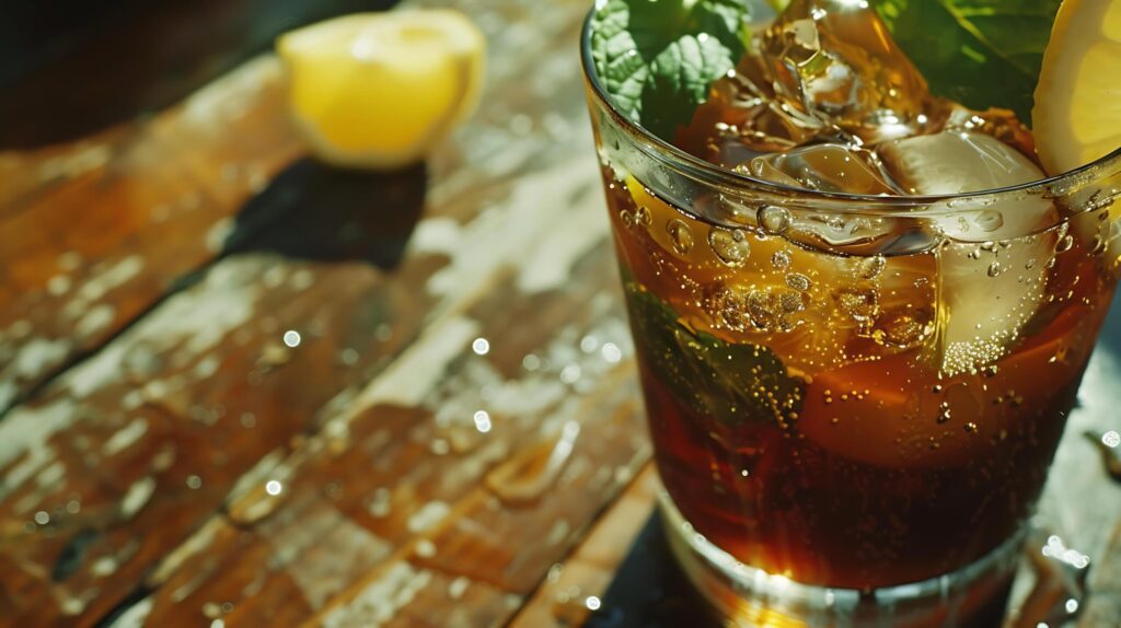 Refreshing Morning Glow Iced Tea with Lemon and Mint on Rustic Wooden Table Free Photo