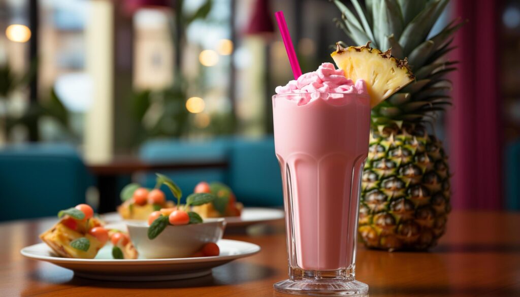 Refreshing pineapple cocktail on wooden table, perfect summer drink generated by AI Free Photo