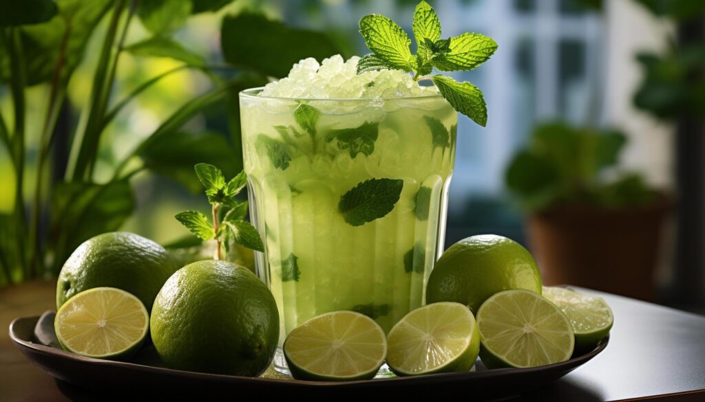 Refreshing summer mojito cocktail with lime, mint, and ice generated by AI Free Photo