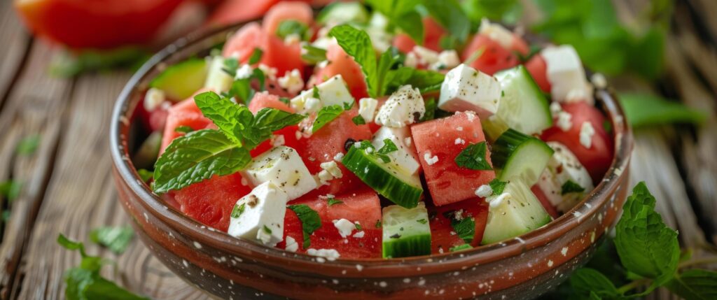 Refreshing Watermelon, Cucumber, and Mint Salad Bowl Free Photo