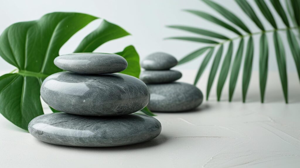 relax with stones on white background with tropical leaf Free Photo