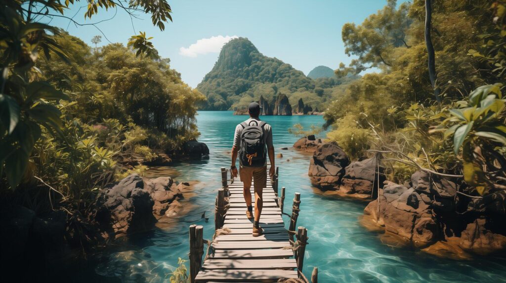 AI generated relaxing on wood bridge in beautiful destination island, Phang-Nga bay, blue sky, Adventure lifestyle travel Thailand, Tourism nature landscape Asia, Tourist on summer holiday Stock Free