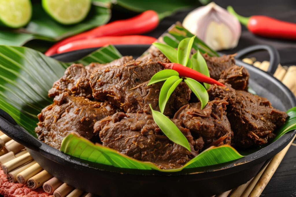 Rendang beef rich in spices. Rendang set on banana leaves. Indonesian food Free Photo