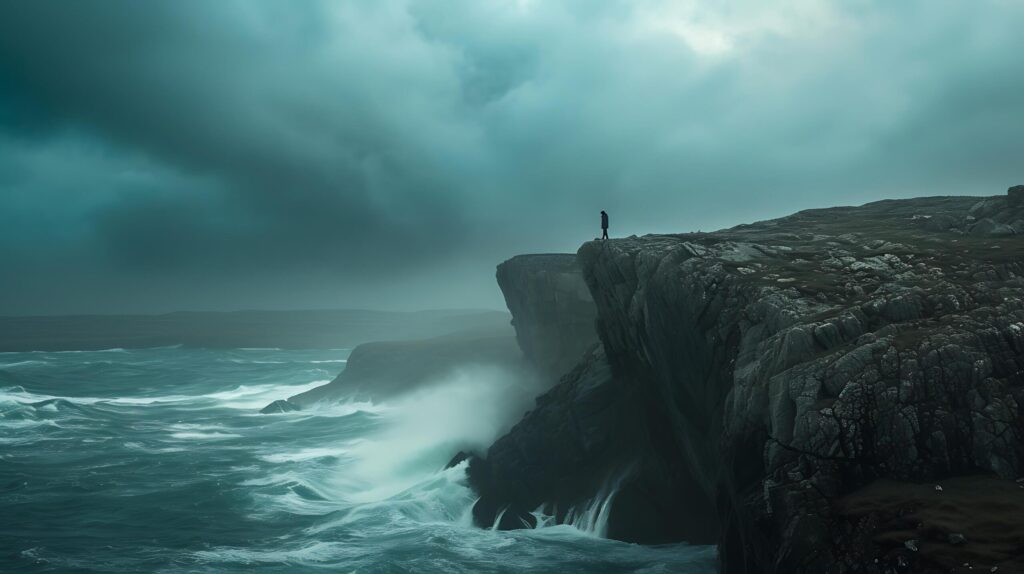 Resilient Figure Confronts Turbulent Ocean Embraced by Quiet Determination in the Face of Storm Free Photo