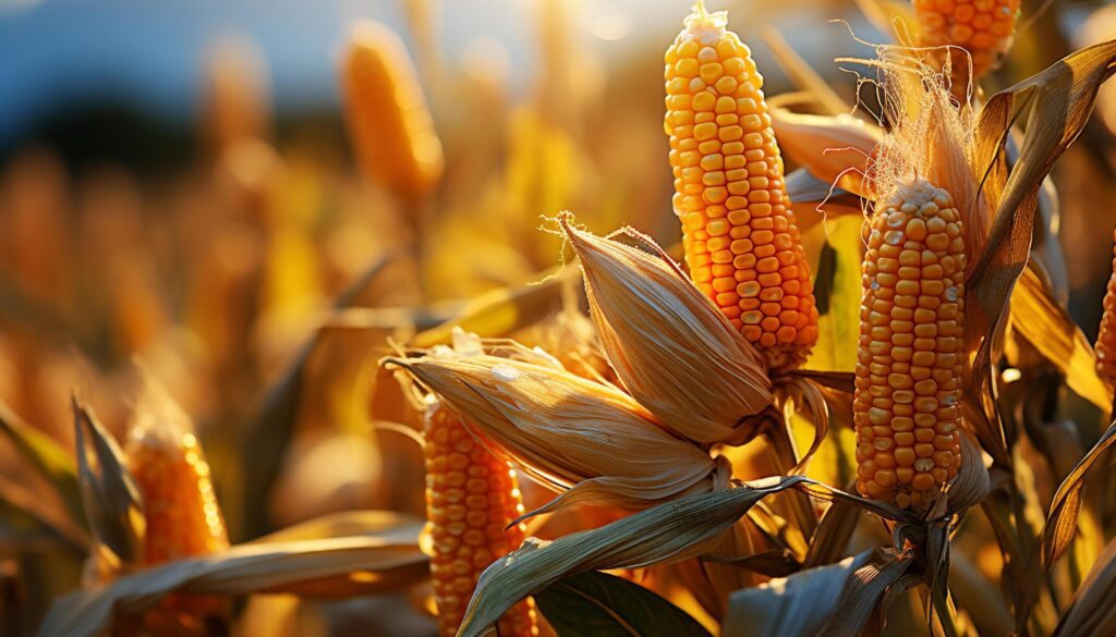 Ripe corn on the cob, vibrant autumn meadow decoration generated by AI Free Photo