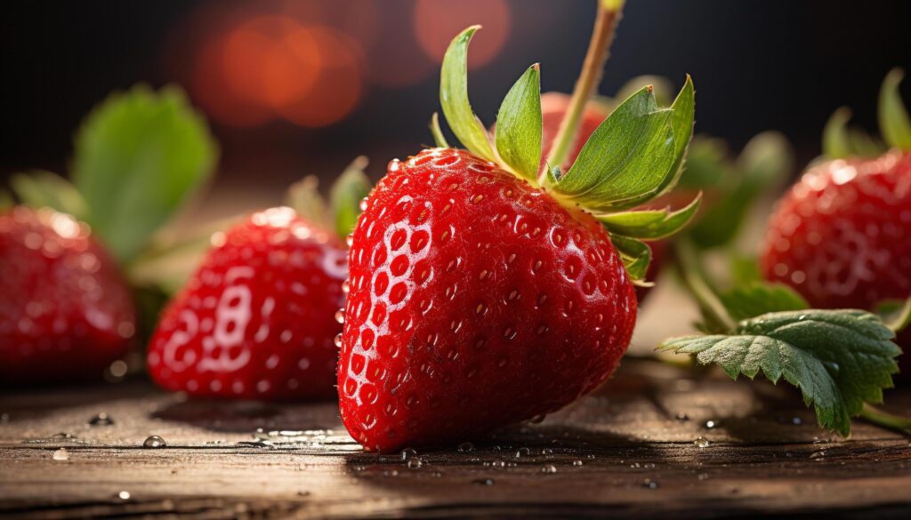 Ripe strawberry, juicy raspberry, fresh fruit on wooden table generated by AI Free Photo