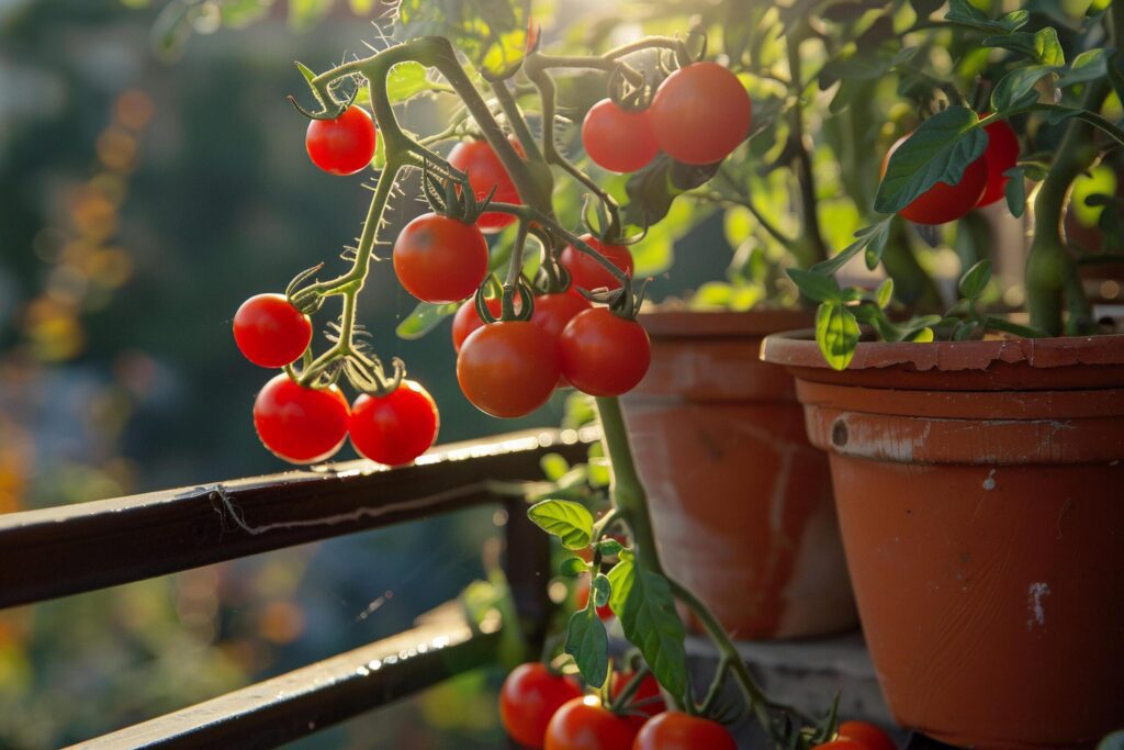 Ripe Tomatoes Growing in Terrace Garden Pot with . Free Photo