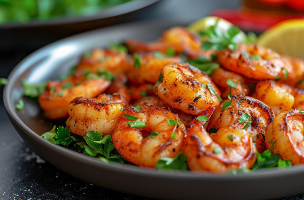 roasted shrimp in a black or brown plate Free Photo