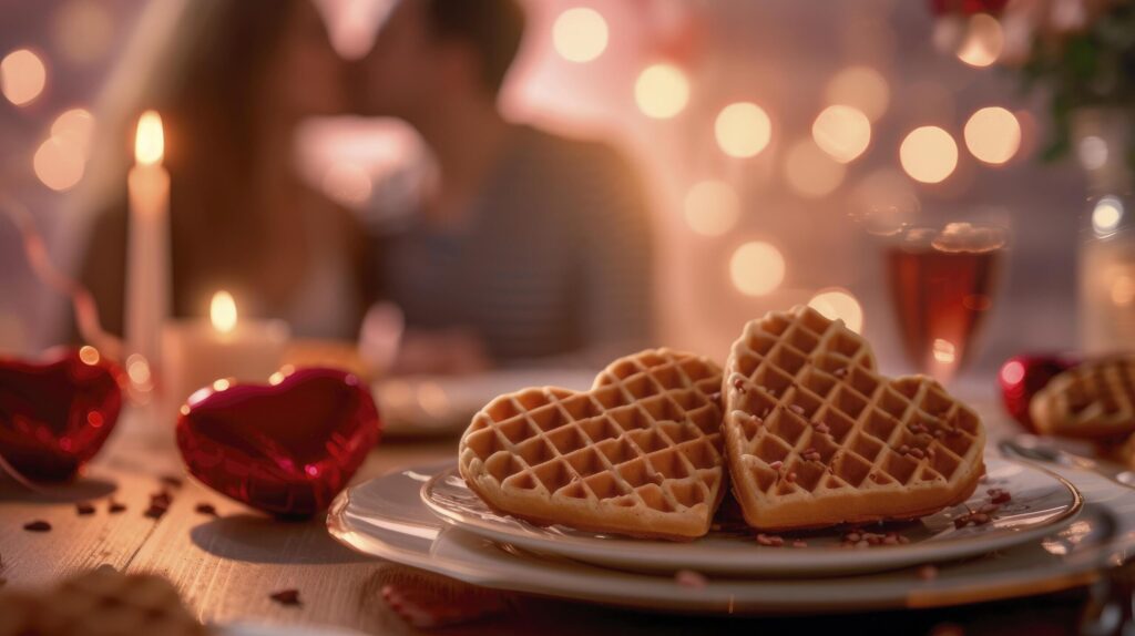 Romantic Breakfast, Heart-shaped waffles on a table set for two, a couple on the brink of a kiss. Perfectly adorned for Valentine’s Day. Free Photo