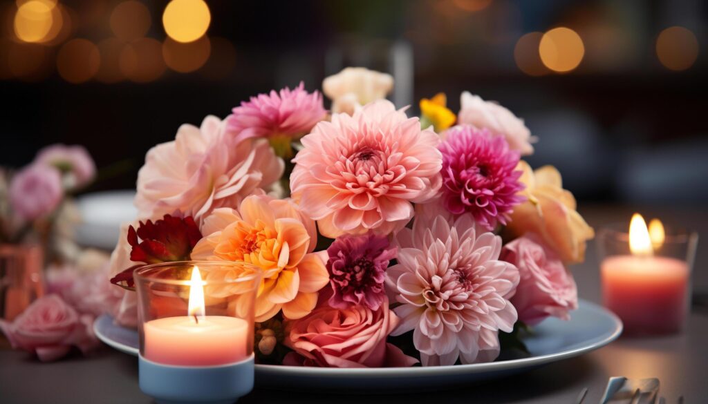 Romantic candlelight illuminates a table adorned with flower arrangement generated by AI Free Photo