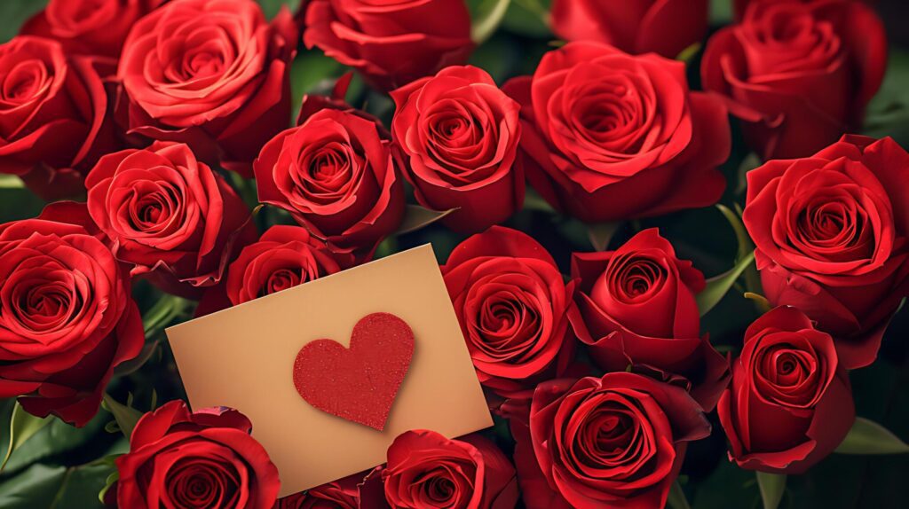 Romantic Red Roses with Heart-Shaped Card for Valentine’s Day Free Photo