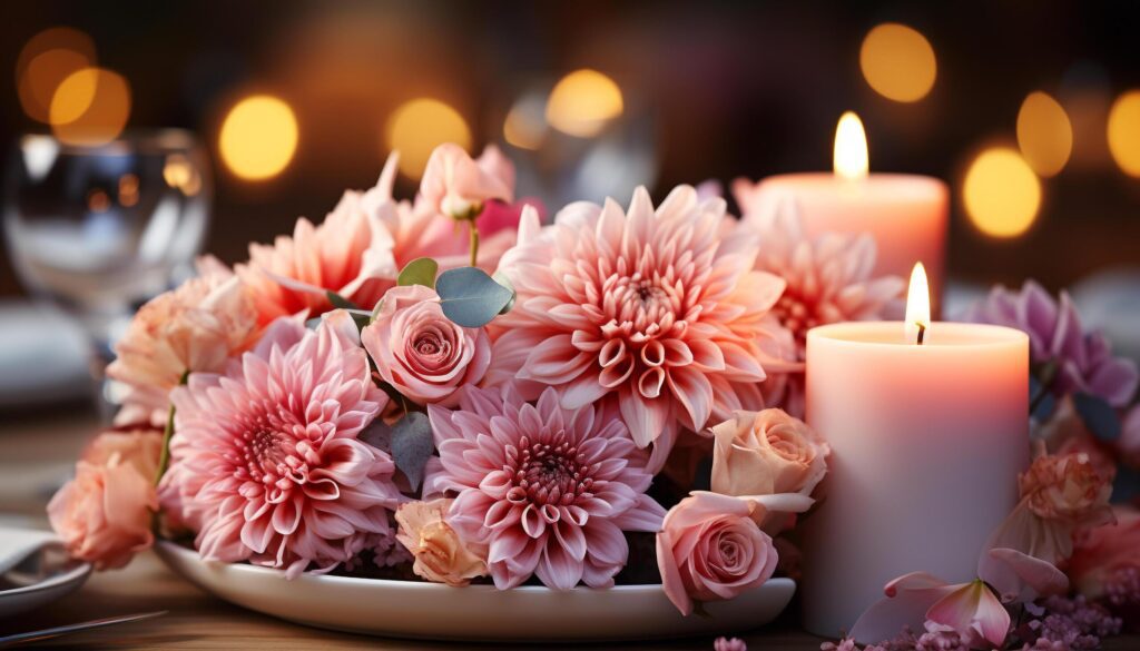 Romantic table decoration candle, flower, elegance, pink color, love generated by AI Free Photo