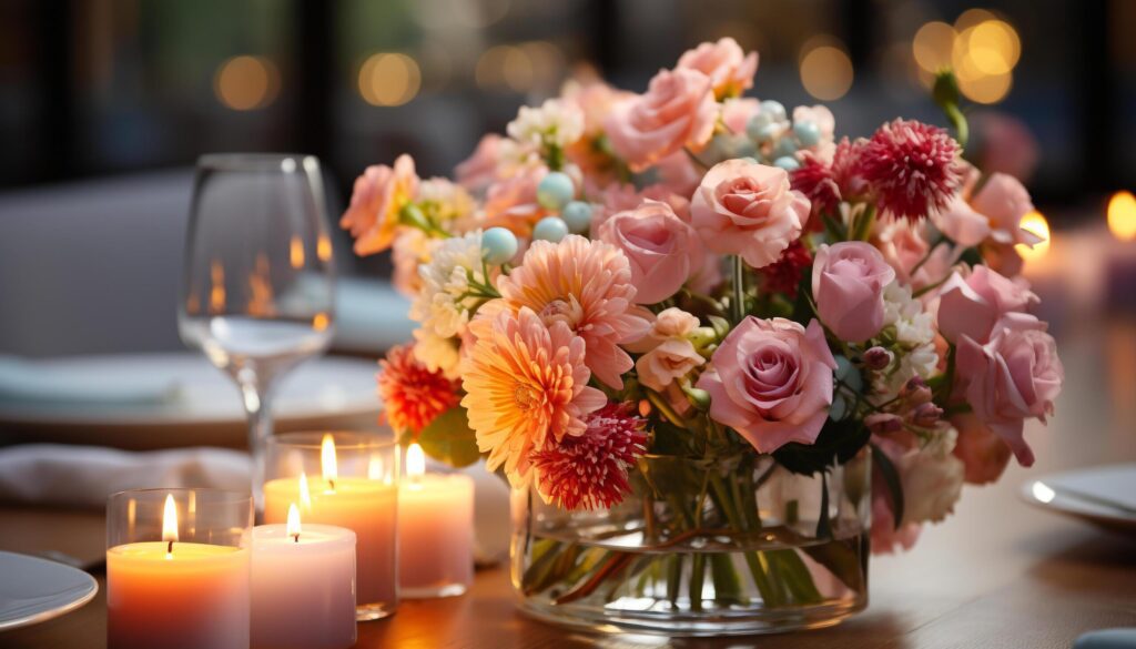 Romantic table decoration flower bouquet, candle, elegance, celebration, luxury generated by AI Free Photo