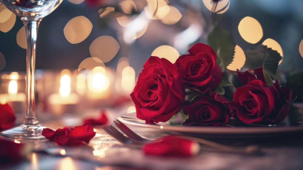 Romantic table setting for red roses and candlelight for Valentines dinner. Free Photo