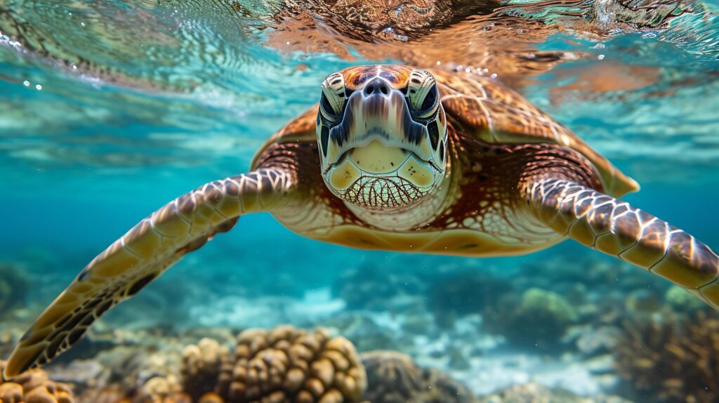 ront view of a sea turtle swimming in the light blue ocean, nature conservation, protecting the ecosystem, clean and beautiful sea. Free Photo