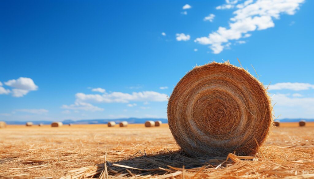 Rural farm, haystacks rolled up, nature golden harvest generated by AI Free Photo