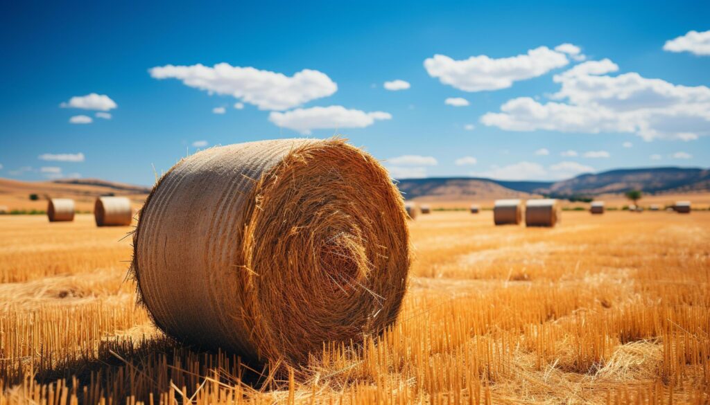 Rural farm landscape, golden hay bales under blue sky generated by AI Free Photo