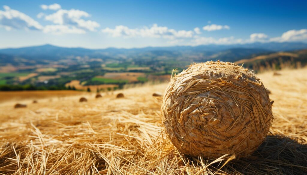 Rural farm landscape hay bales roll under golden sunset generated by AI Free Photo