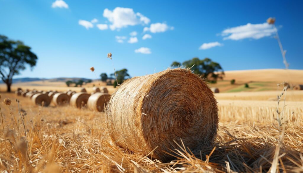 Rural farm landscape haystacks, wheat, and golden meadows generated by AI Free Photo